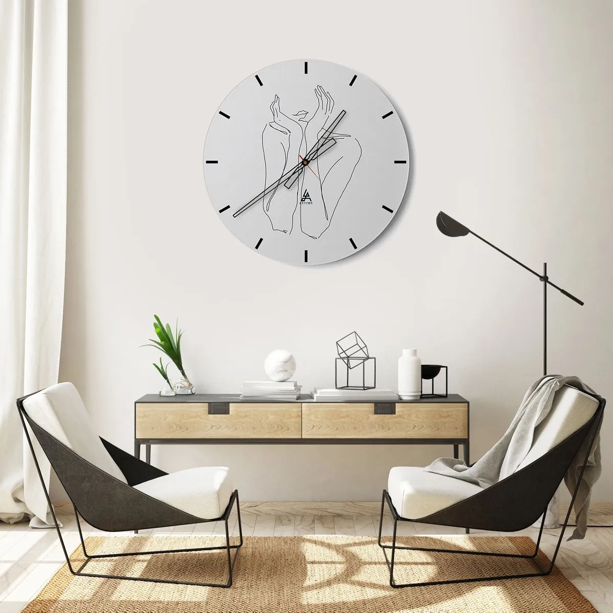 Ceas de perete - Ceas pe sticlă - Un desen minimalist al unei mâini și al unei guri pe fundal alb. - 30x30cm - La ce visează fetele - Decorațiune modernă pentru perete pentru living, bucătărie și dormitor ARTTOR