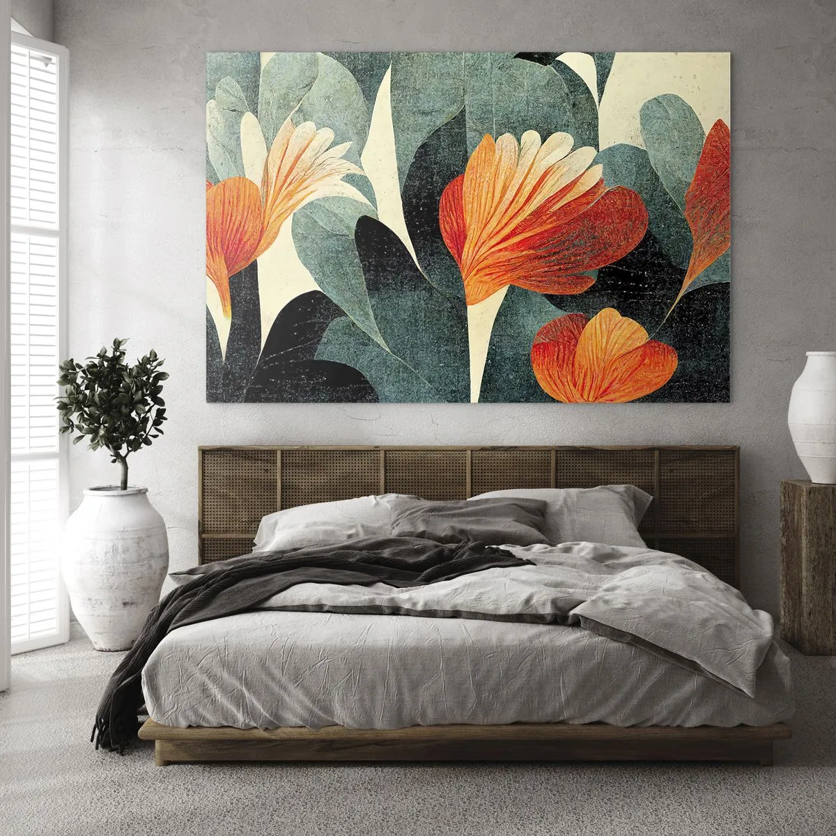 Tablou pe sticlă - Flori portocalii pe un fundal de frunze verde închis - 70x50cm - Căldura de la tropice și răcoarea verdeței - Decorațiune modernă pentru perete pentru living și dormitor ARTTOR