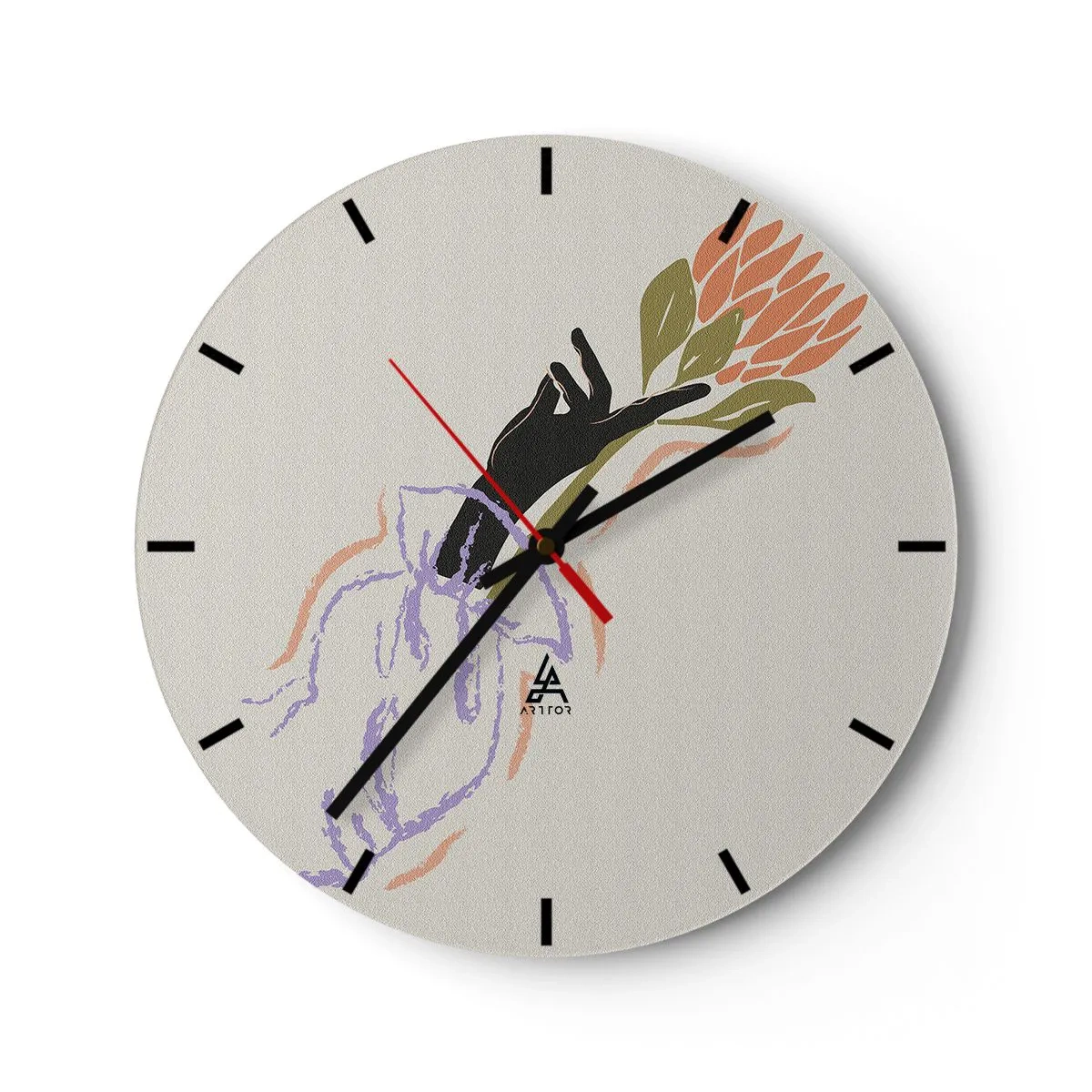 Ceas de perete - Ceas pe sticlă - O mână stilizată ținând o floare în culori pastelate. - 30x30cm - Atingere surorială - Decorațiune modernă pentru perete pentru living, bucătărie și dormitor ARTTOR