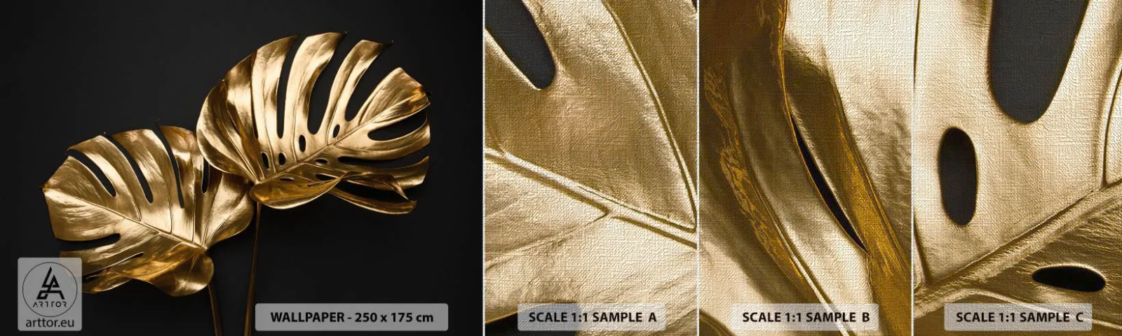 Mostră tapet Premium Canvas - Comorile naturii - Abstracția, Frunze aurii, Frunza de monstera - 100x30 cm