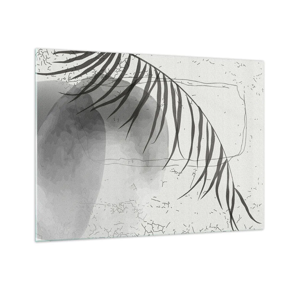 Tablou pe sticlă - Grafică cu umbră de frunze de palmier alb-negru - 70x50cm - Exotismul subtil al naturii - Decorațiune modernă pentru perete pentru living și dormitor ARTTOR