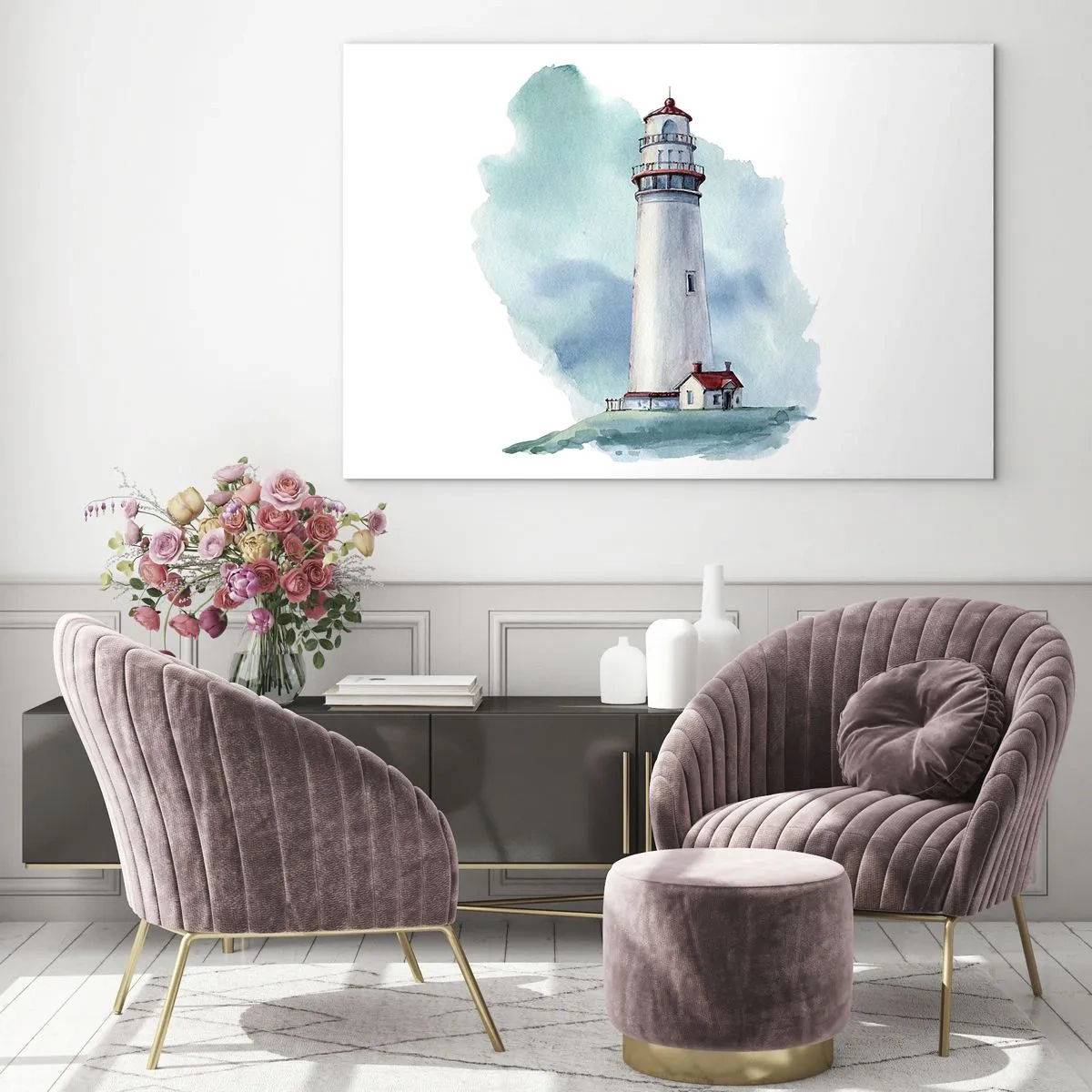 Tablou pe sticlă - Un far pe fundalul unui cer albastru în acuarelă - 70x50cm - Sora blândă a albastrului - Decorațiune modernă pentru perete pentru living și dormitor ARTTOR