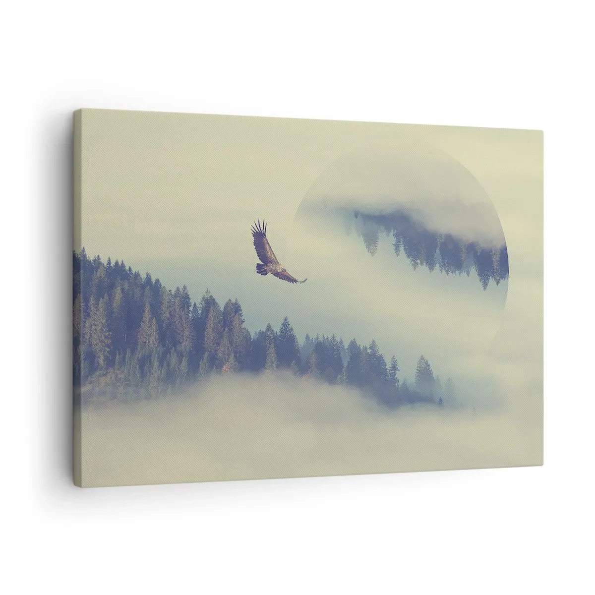 Tablou pe pânză Canvas - Un vultur în zbor pe fundalul unor munți învăluiți în ceață, cu un motiv circular artistic - 70x50cm - Am văzut umbra unui vultur - Decorațiune modernă pentru perete pentru living și dormitor ARTTOR