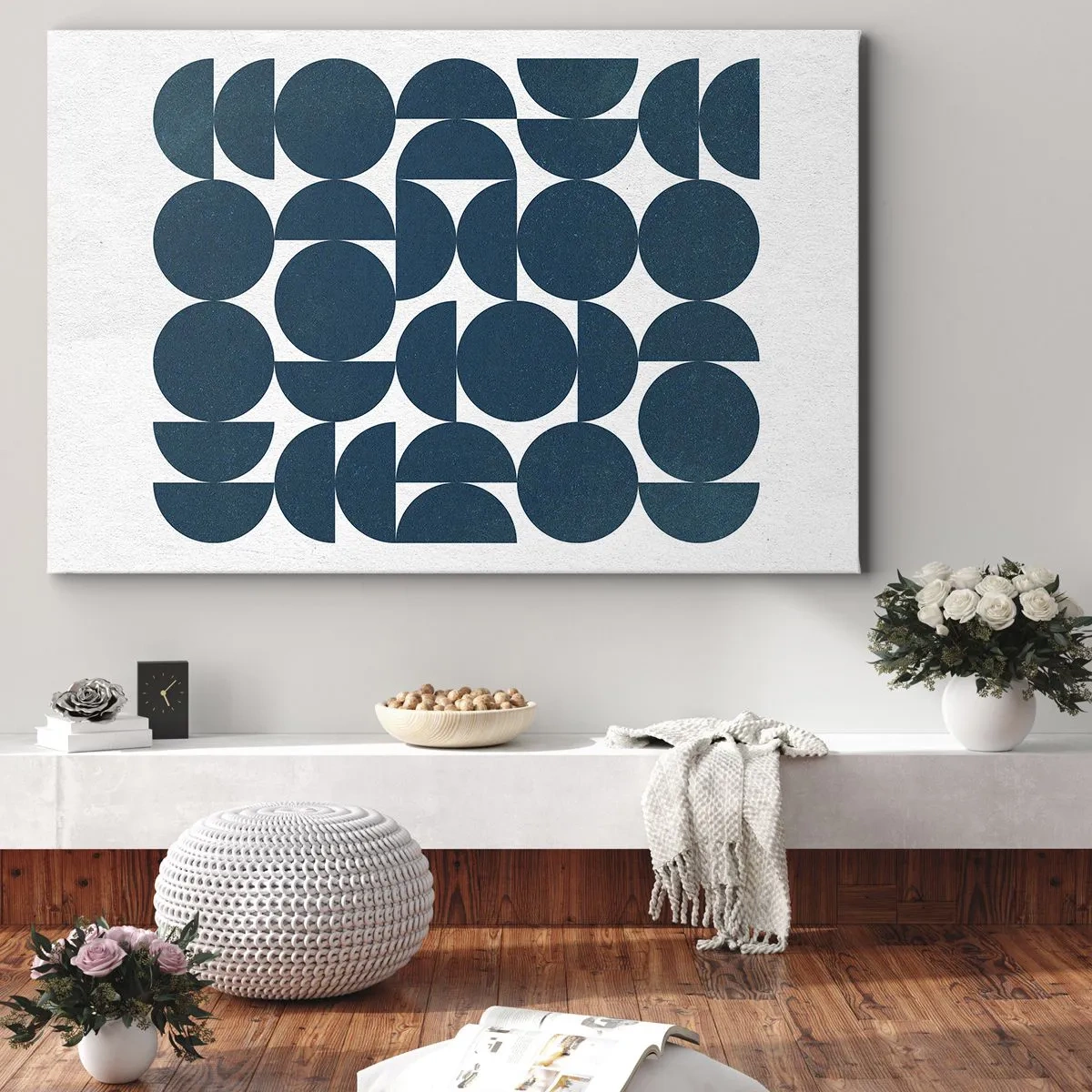 Tablou pe pânză Canvas - Forme geometrice în nuanțe de albastru marin pe fundal alb - 70x50cm - Cercuri și semicercuri - Decorațiune modernă pentru perete pentru living și dormitor ARTTOR