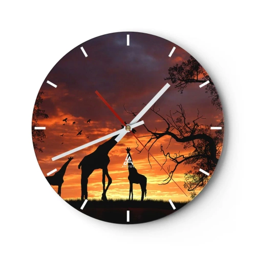 Ceas de perete - Ceas pe sticlă - Siluete de girafe pe fundalul unui apus de soare african - 30x30cm - O mică cină cu cei dragi - Decorațiune modernă pentru perete pentru living, bucătărie și dormitor ARTTOR