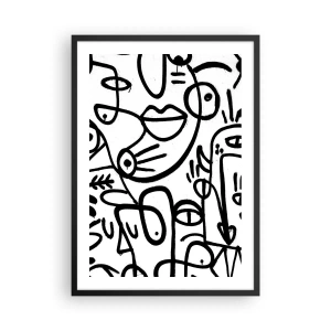 Poster în ramă neagră - Linii negre abstracte pe fundal alb - 50x70cm - Chipuri și miraje - Decorațiune modernă pentru perete pentru living și dormitor ARTTOR