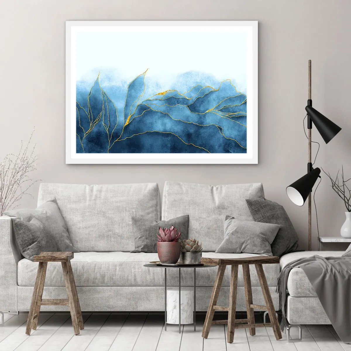 Poster în ramă albă - Albastru în aur - 70x50 cm