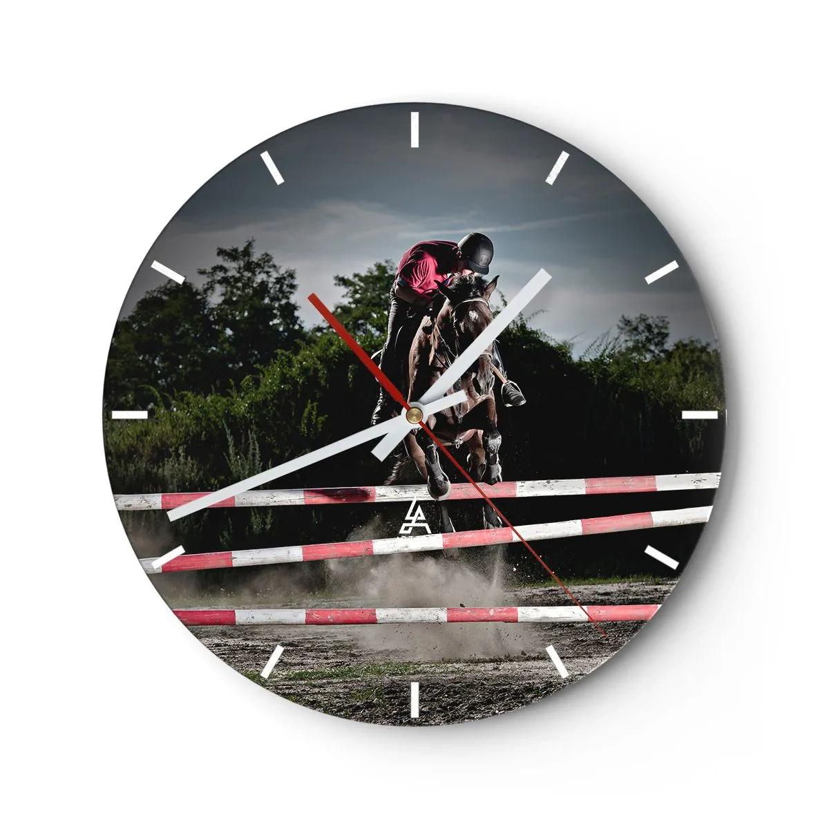 Ceas de perete - Ceas pe sticlă - Un concurent ecvestru în timpul unei competiții ecvestre - 30x30cm - Împreună pentru victorie - Decorațiune modernă pentru perete pentru living, bucătărie și dormitor ARTTOR