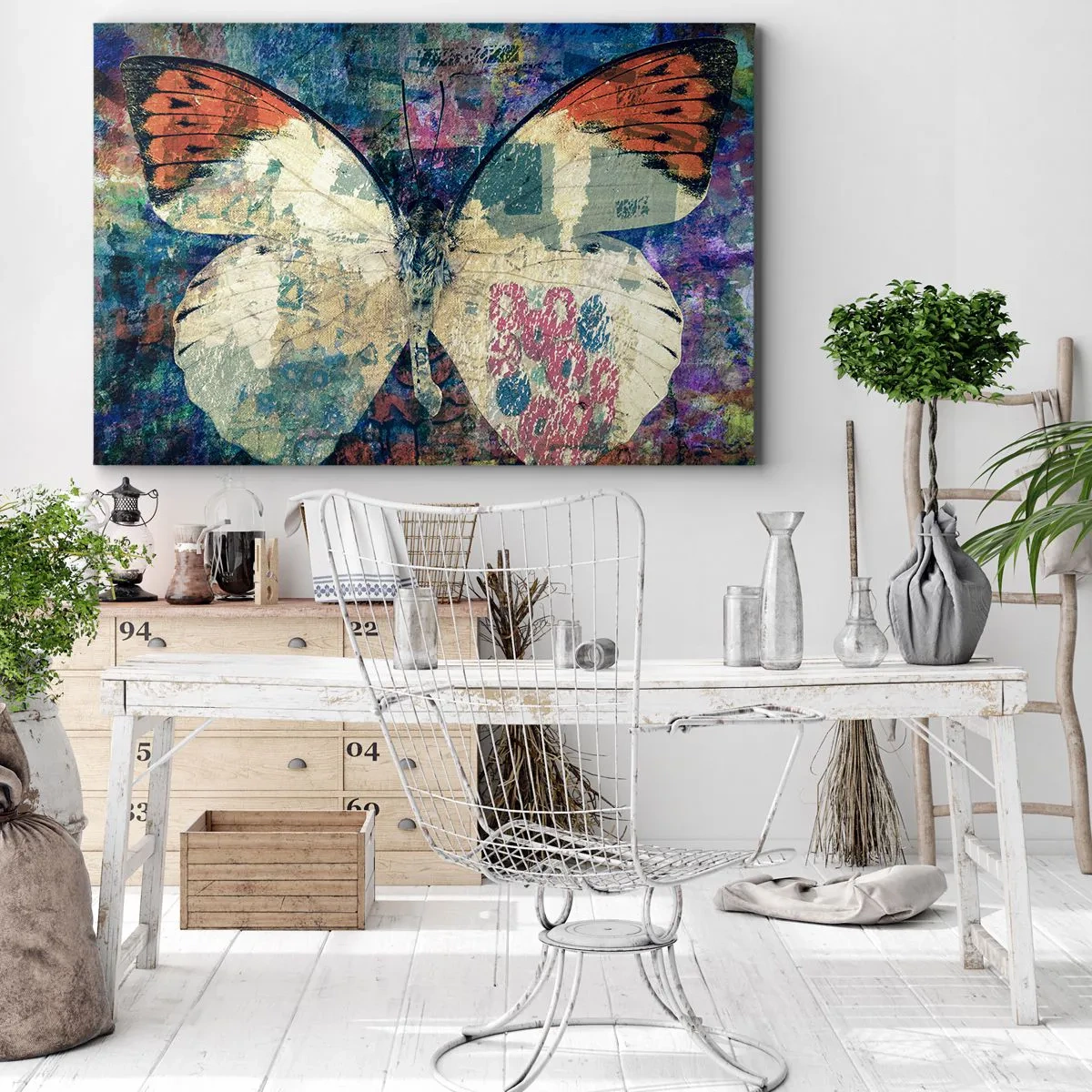Tablou pe pânză Canvas - Fluture într-un fundal artistic abstract cu detalii colorate - 70x50cm - Fragilitate subtilă - Decorațiune modernă pentru perete pentru living și dormitor ARTTOR