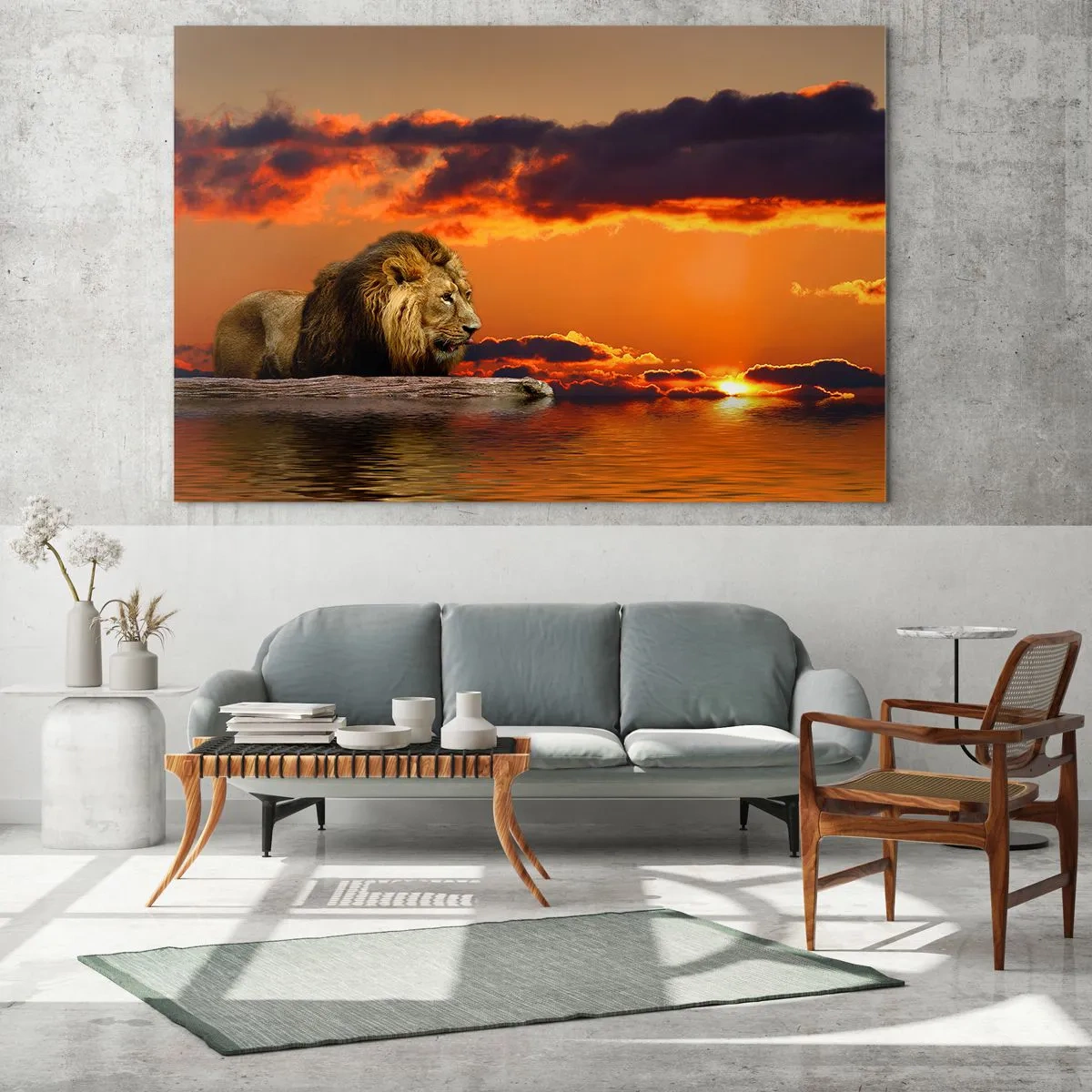 Tablou pe sticlă - Un leu pe fundalul soarelui care apune - 70x50cm - Regele naturii - Decorațiune modernă pentru perete pentru living și dormitor ARTTOR