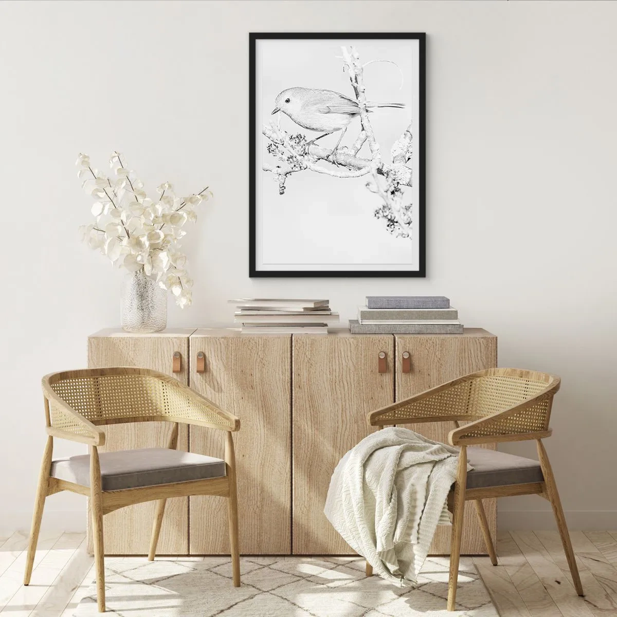 Poster în ramă neagră - Desen alb-negru al unei păsări pe o creangă - 50x70cm - Dimineață de iarnă - Decorațiune modernă pentru perete pentru living și dormitor ARTTOR