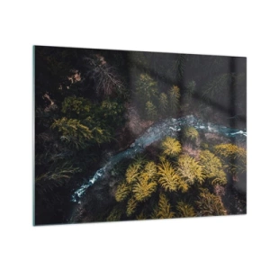 Tablou pe sticlă - O vedere de sus a unui peisaj forestier cu un pârâu șerpuitor - 70x50cm - Rapid și mai rapid - Decorațiune modernă pentru perete pentru living și dormitor ARTTOR