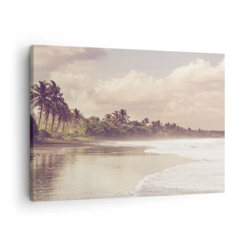 Tablou pe pânză Canvas - O plajă cu palmieri și valuri line dimineața - 70x50cm - Mângâind valurile - Decorațiune modernă pentru perete pentru living și dormitor ARTTOR