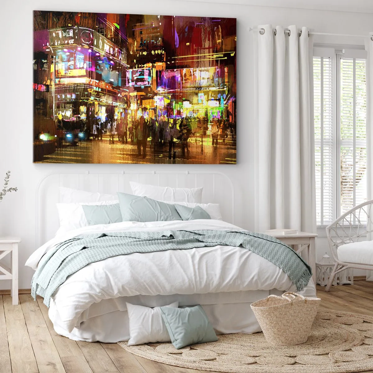 Tablou pe pânză Canvas - Un oraș vibrant noaptea în lumina neonului - 70x50cm - Într-o mare de lumină - Decorațiune modernă pentru perete pentru living și dormitor ARTTOR