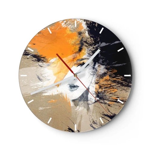 Ceas de perete - Ceas pe sticlă - Portret abstract al unei femei în nuanțe calde de portocaliu și bej. - 30x30cm - Și se face lumină - Decorațiune modernă pentru perete pentru living, bucătărie și dormitor ARTTOR