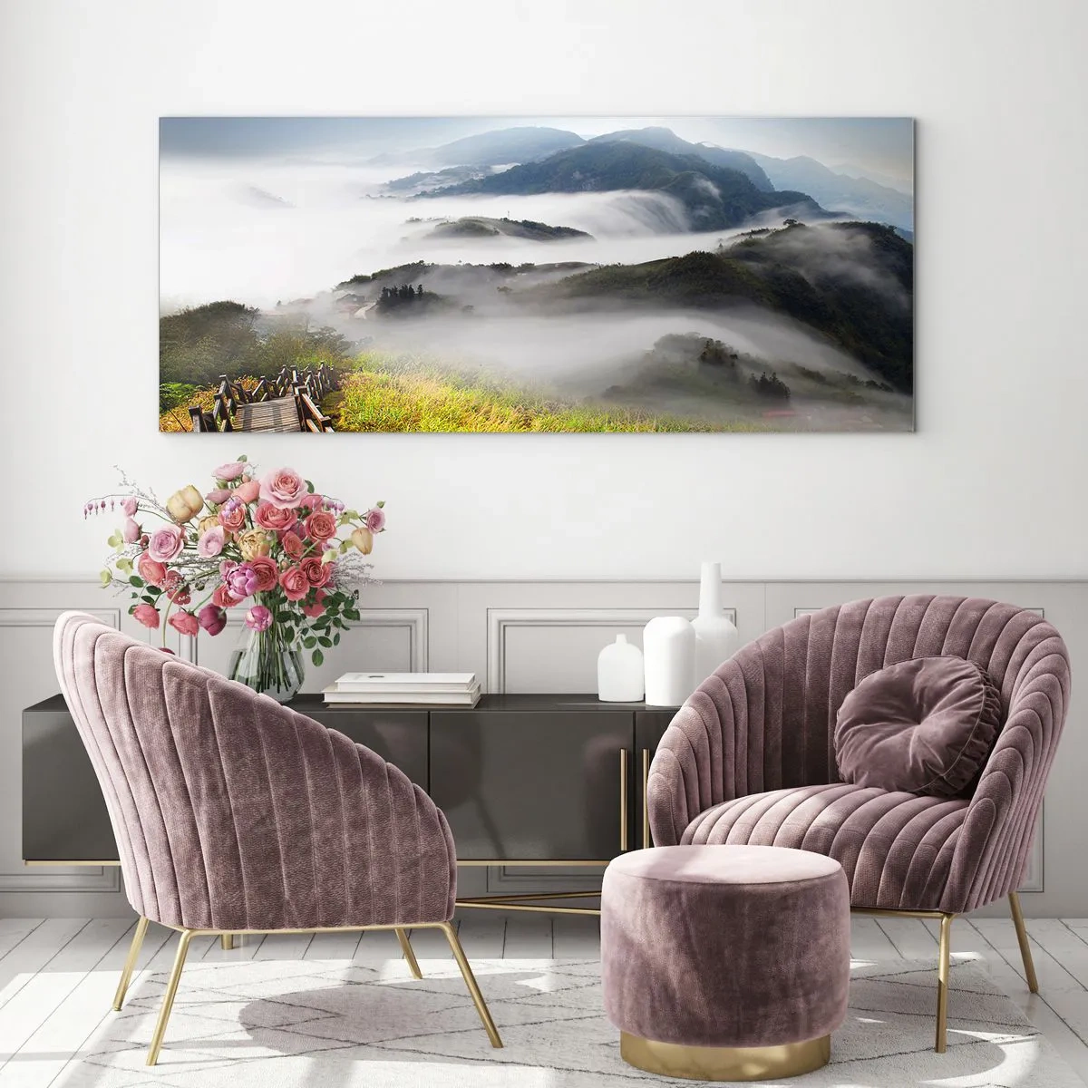 Tablou pe sticlă - Țesut de strălucire și ceață - 140x50 cm