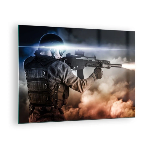 Tablou pe sticlă - Un soldat în acțiune trăgând cu o pușcă pe un fundal de fum. - 70x50cm - Pur și simplu un erou - Decorațiune modernă pentru perete pentru living și dormitor ARTTOR