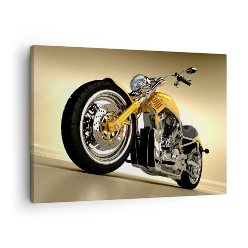 Tablou pe pânză Canvas - O motocicletă galbenă în stil chopper pe un perete bej - 70x50cm - Un vis de forță și viteză - Decorațiune modernă pentru perete pentru living și dormitor ARTTOR