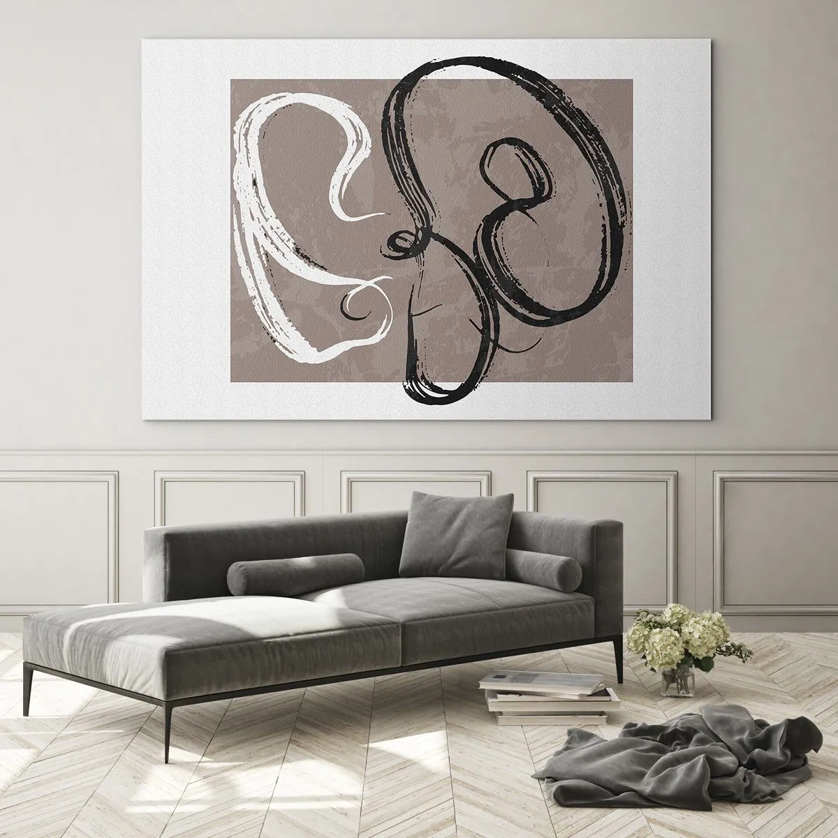 Tablou pe sticlă - Pensula dinamică în alb și negru pe un fundal bej. - 70x50cm - Compoziția - căutarea plenitudinii - Decorațiune modernă pentru perete pentru living și dormitor ARTTOR