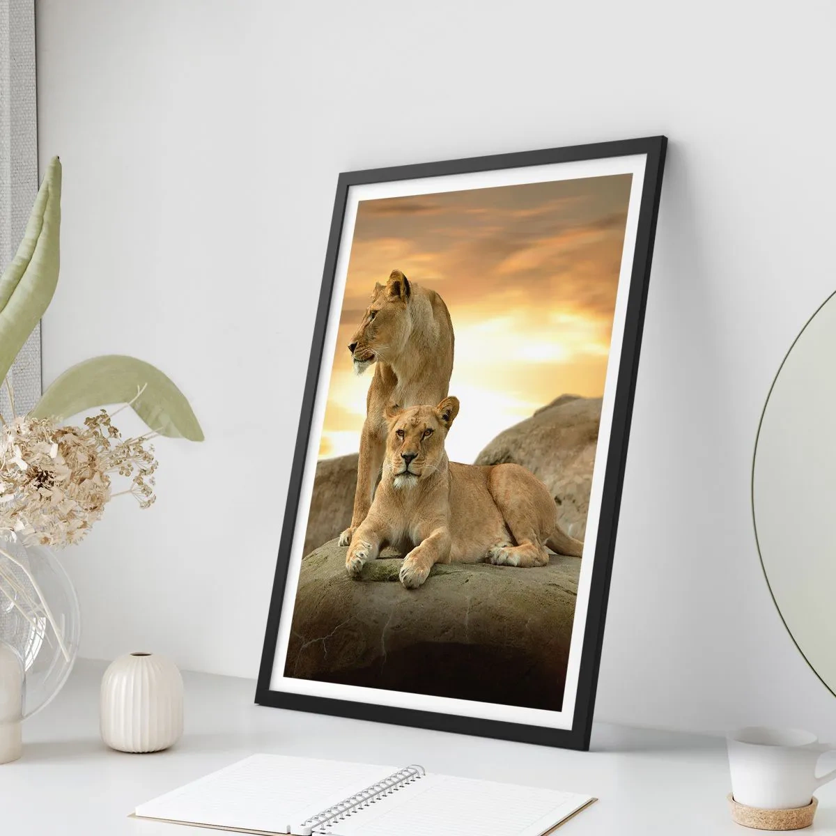 Poster în ramă neagră - Două leoaice pe fundalul soarelui apus - 50x70cm - Maiestate regală - Decorațiune modernă pentru perete pentru living și dormitor ARTTOR