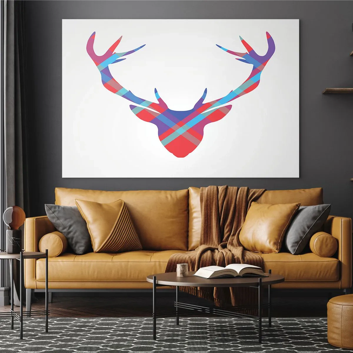 Tablou pe sticlă - Imagine geometrică a unui cerb în culori pastelate - 70x50cm - Cerb scoțian - Decorațiune modernă pentru perete pentru living și dormitor ARTTOR
