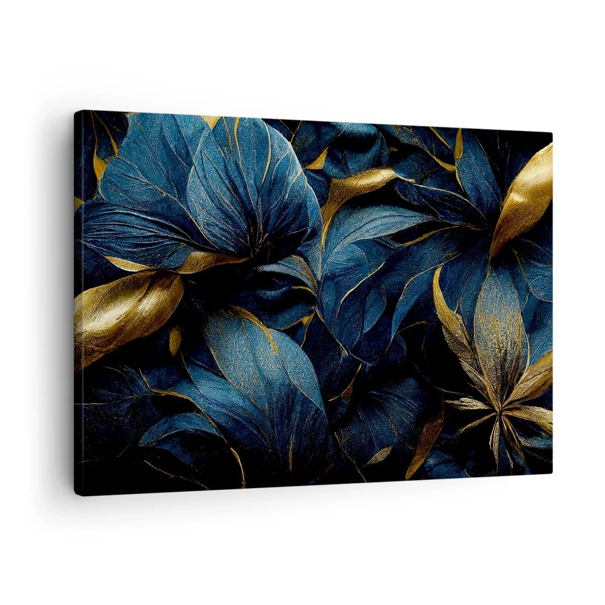 Tablou pe pânză Canvas - Frunze elegante în nuanțe de auriu și albastru marin - 70x50cm - Căptușită cu aur - Decorațiune modernă pentru perete pentru living și dormitor ARTTOR