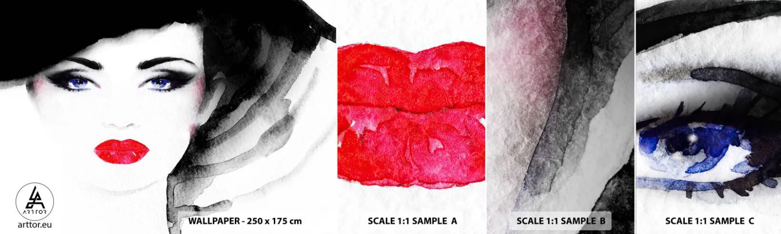 Mostră tapet autocolant Deluxe Sticker - Respinge și cheamă - Chipul de femeie, buze rosii, Ochi albaștrii - 100x30 cm