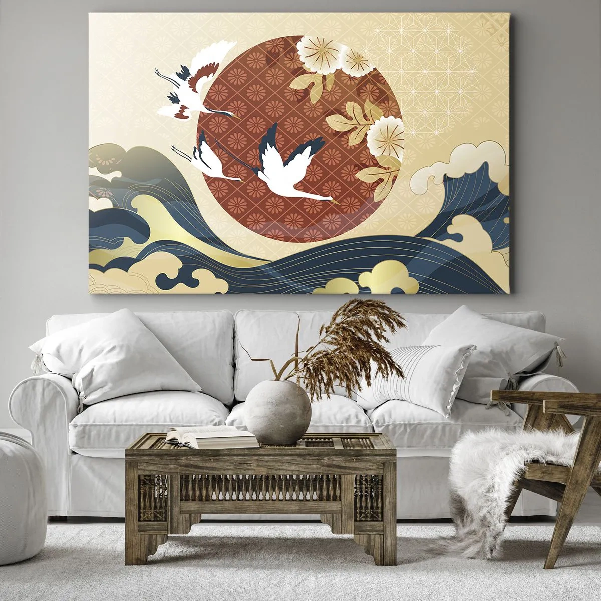 Tablou pe pânză Canvas - Compoziție japoneză cu macarale și valuri - 70x50cm - O fabulă japoneză - Decorațiune modernă pentru perete pentru living și dormitor ARTTOR