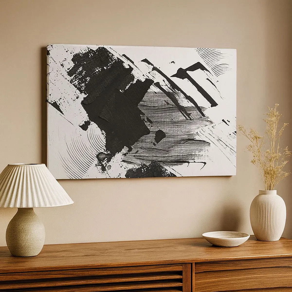 Tablou pe pânză Canvas - Linii abstracte negre pe fundal alb - 70x50cm - Abstracție - expresie de negru - Decorațiune modernă pentru perete pentru living și dormitor ARTTOR