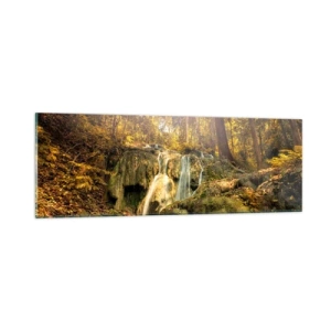 Tablou pe sticlă - Cascada de pădure în verde - 90x30 cm