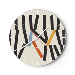 Ceas de perete - Ceas pe sticlă - Dominouri colorate și negre pe un fundal deschis într-un aspect grafic - 30x30cm - Domino - compoziție - Decorațiune modernă pentru perete pentru living, bucătărie și dormitor ARTTOR