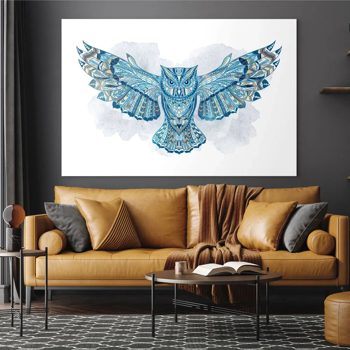 Tablou pe sticlă - Bufniță albastră cu aripi întinse în stil geometric - 70x50cm - Dintr-o pădurice sacră celtică - Decorațiune modernă pentru perete pentru living și dormitor ARTTOR