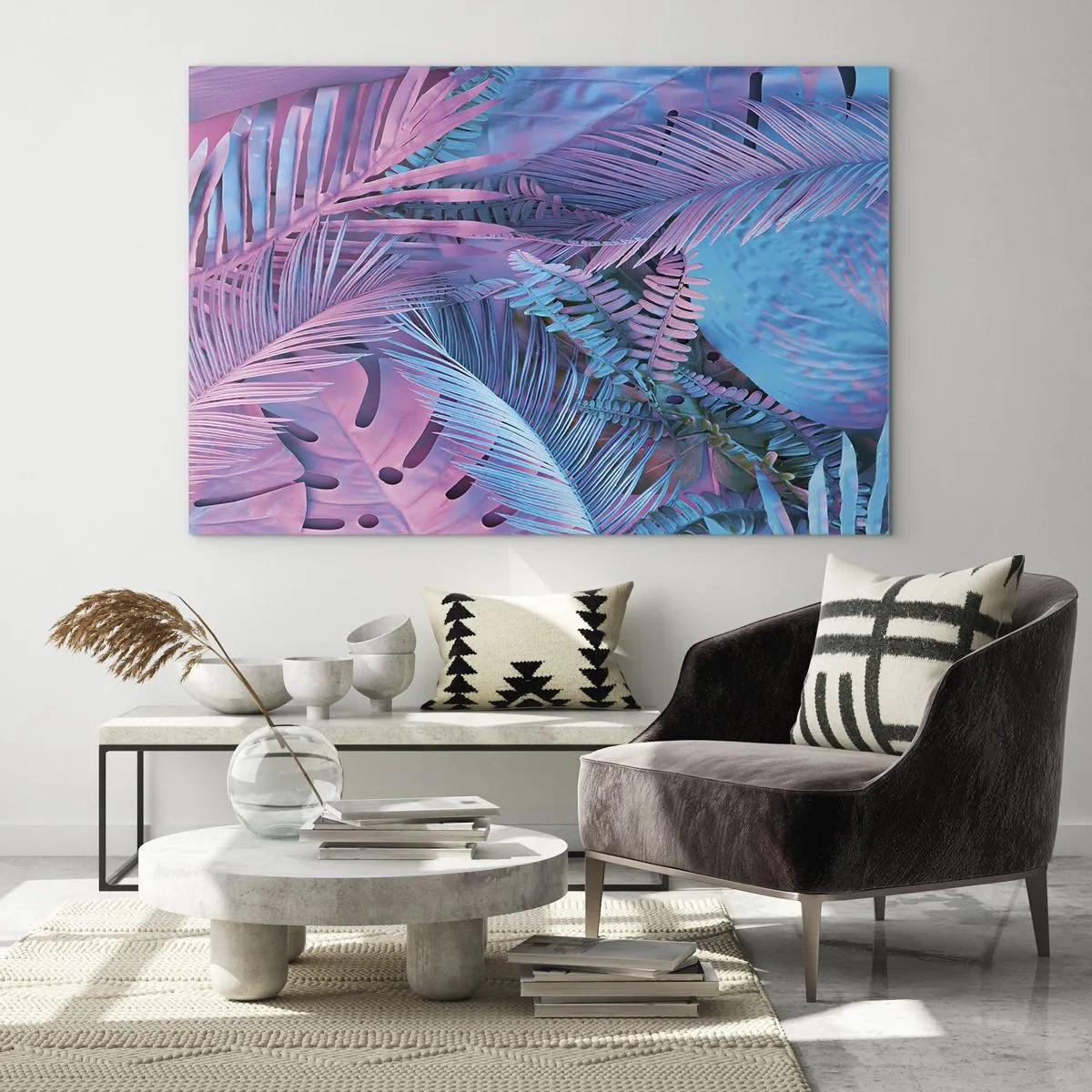 Tablou pe sticlă - Frunze tropicale în nuanțe de roz și albastru pe un fundal neon - 70x50cm - Palmieri în alb și albastru - Decorațiune modernă pentru perete pentru living și dormitor ARTTOR