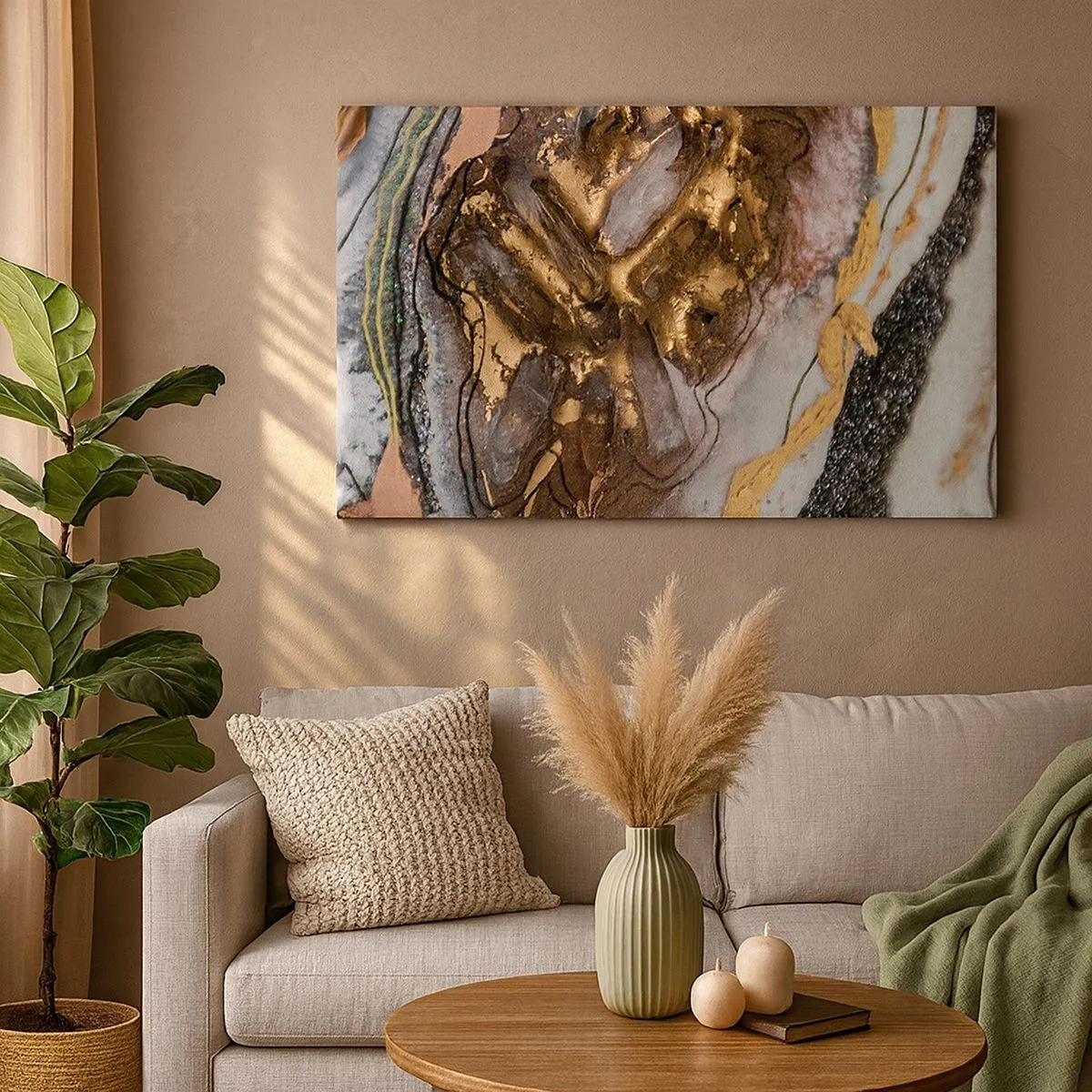 Tablou pe pânză Canvas - Compoziție abstractă cu elemente de aur și cristale - 70x50cm - Elementul pământ - Decorațiune modernă pentru perete pentru living și dormitor ARTTOR
