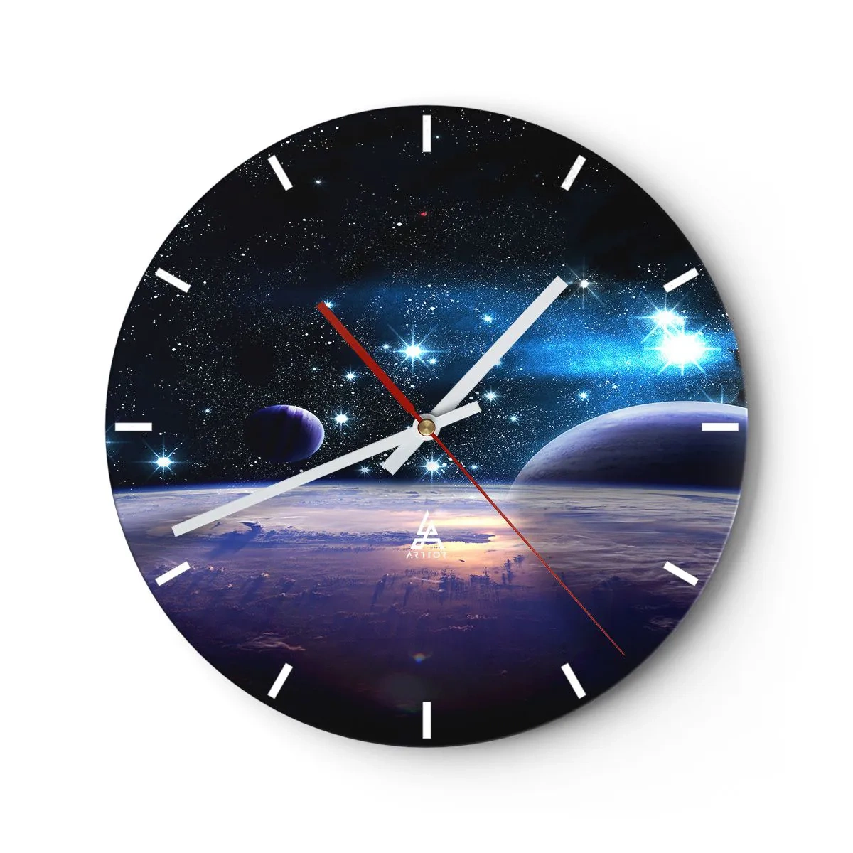 Ceas de perete - Ceas pe sticlă - Spațiu cu stele, planete și o suprafață planetară cu atmosferă - 30x30cm - Tot singuri? - Decorațiune modernă pentru perete pentru living, bucătărie și dormitor ARTTOR