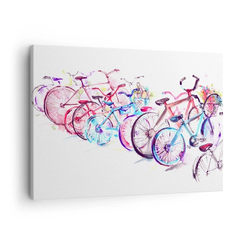 Tablou pe pânză Canvas - Biciclete colorate într-un stil artistic de acuarelă - 70x50cm - Reuniunea clubului Antymoto - Decorațiune modernă pentru perete pentru living și dormitor ARTTOR