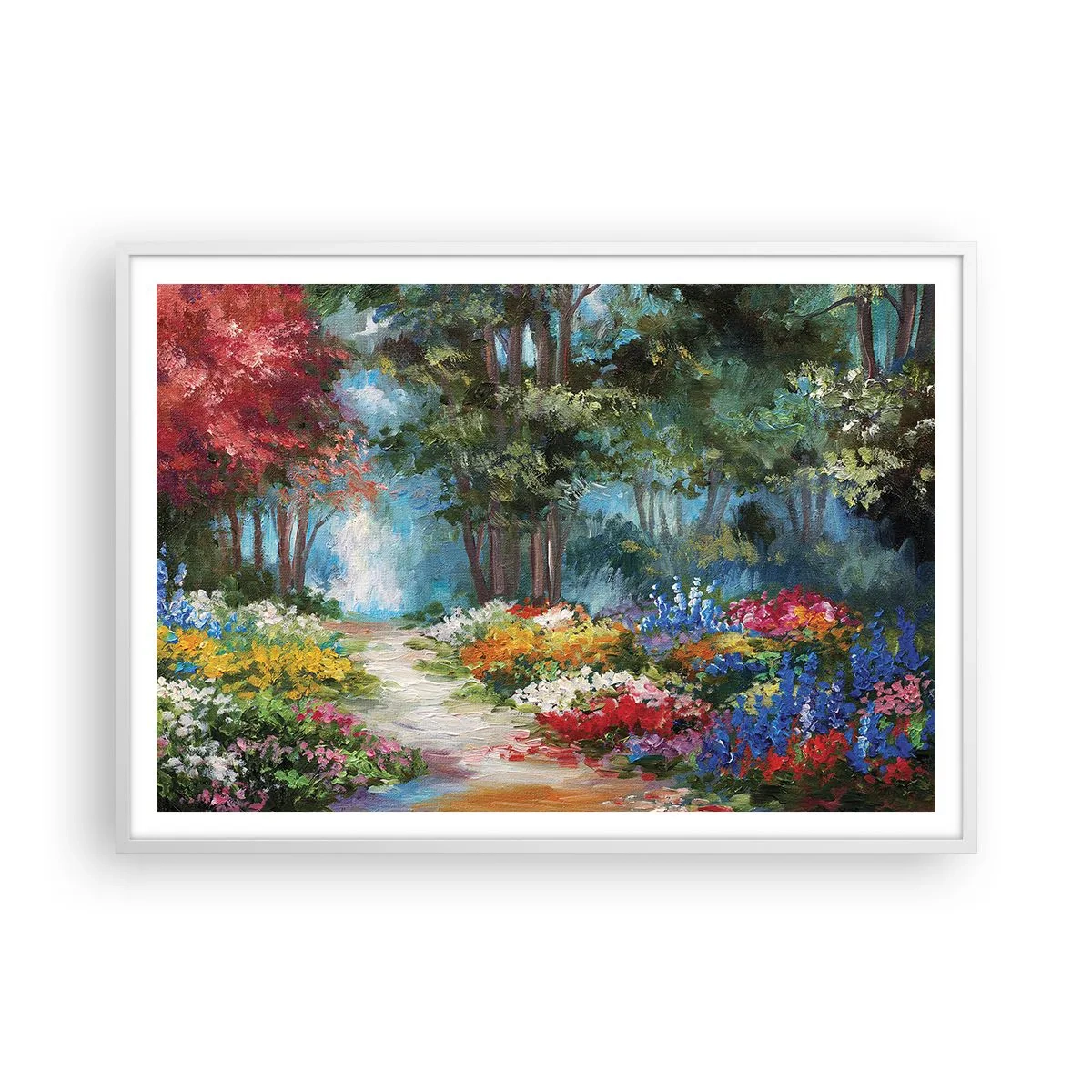Poster în ramă albă - Grădină de pădure, pădure de flori - 100x70 cm