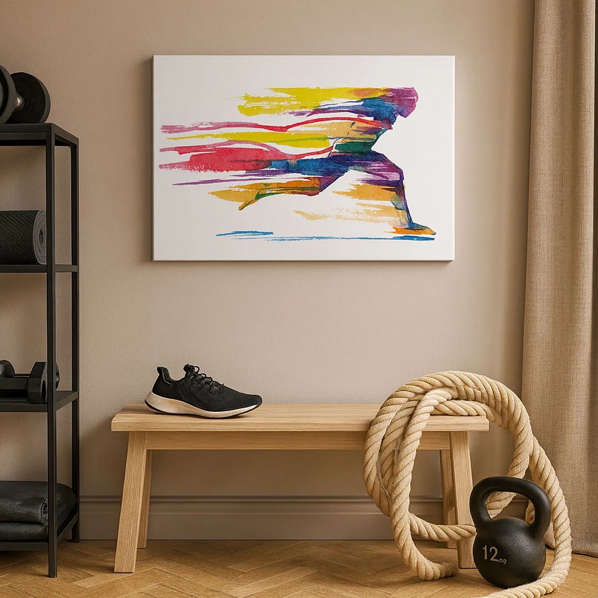 Tablou pe pânză Canvas - Un alergător în culori abstracte care simbolizează dinamismul și energia - 70x50cm - Alergând peste curcubeu - Decorațiune modernă pentru perete pentru living și dormitor ARTTOR