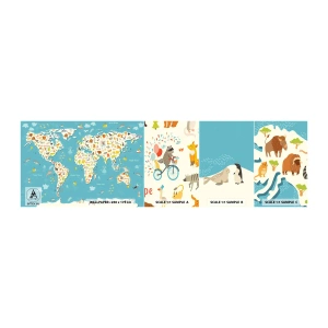 Mostră de Tapet Standard Eco - Noi iubim întreaga lume - Harta lumii, Animale, Pentru copii - 100x30 cm