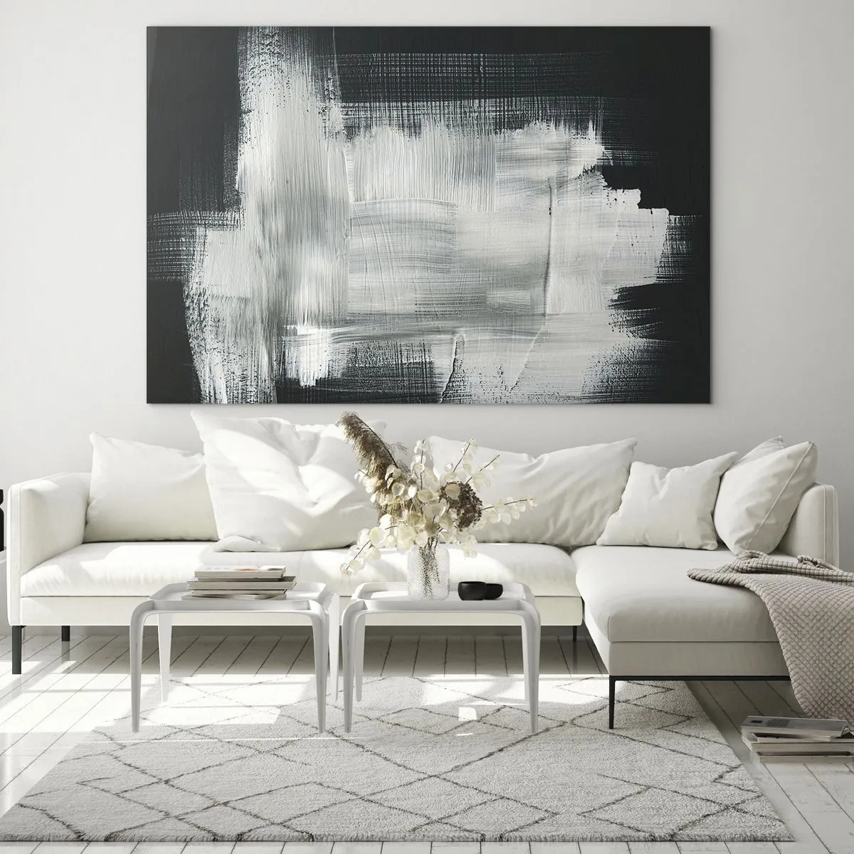 Tablou pe sticlă - Abstracție minimalistă în alb și negru - 70x50cm - Țesut vertical și orizontal - Decorațiune modernă pentru perete pentru living și dormitor ARTTOR