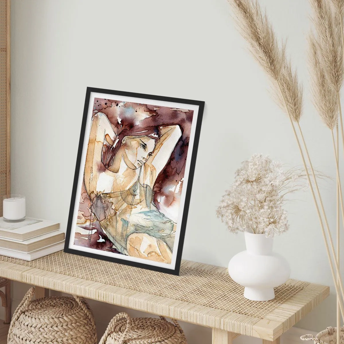 Poster în ramă neagră - Siluetă artistică a unei femei în nuanțe de maro - 50x70cm - Într-o dispoziție mov deschis - Decorațiune modernă pentru perete pentru living și dormitor ARTTOR