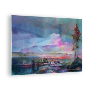 Tablou pe sticlă - Un peisaj colorat cu munți și cabane într-un stil suprarealist. - 70x50cm - Sub un cer binevoitor - Decorațiune modernă pentru perete pentru living și dormitor ARTTOR