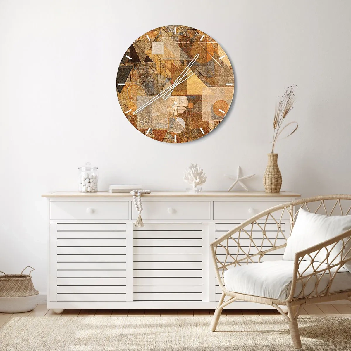 Ceas de perete - Ceas pe sticlă - Abstracție geometrică în nuanțe de auriu și maro - 30x30cm - Studiu cubist de bronz - Decorațiune modernă pentru perete pentru living, bucătărie și dormitor ARTTOR