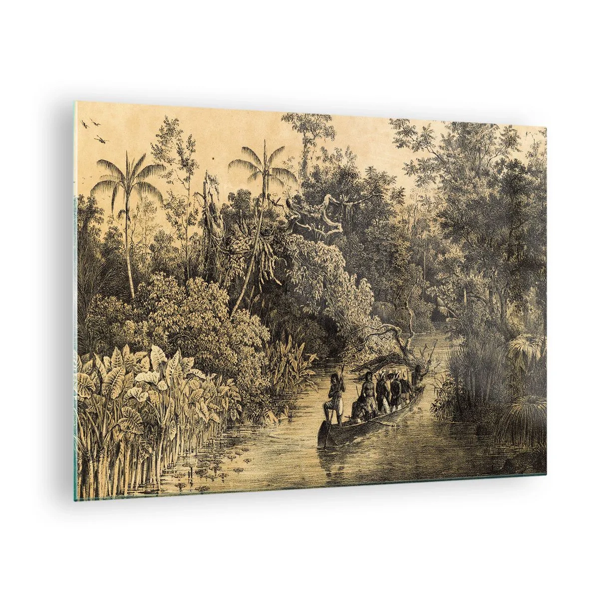 Tablou pe sticlă - Imprimeu retro care înfățișează o călătorie prin junglă - 70x50cm - Călătorie la sursă - Decorațiune modernă pentru perete pentru living și dormitor ARTTOR