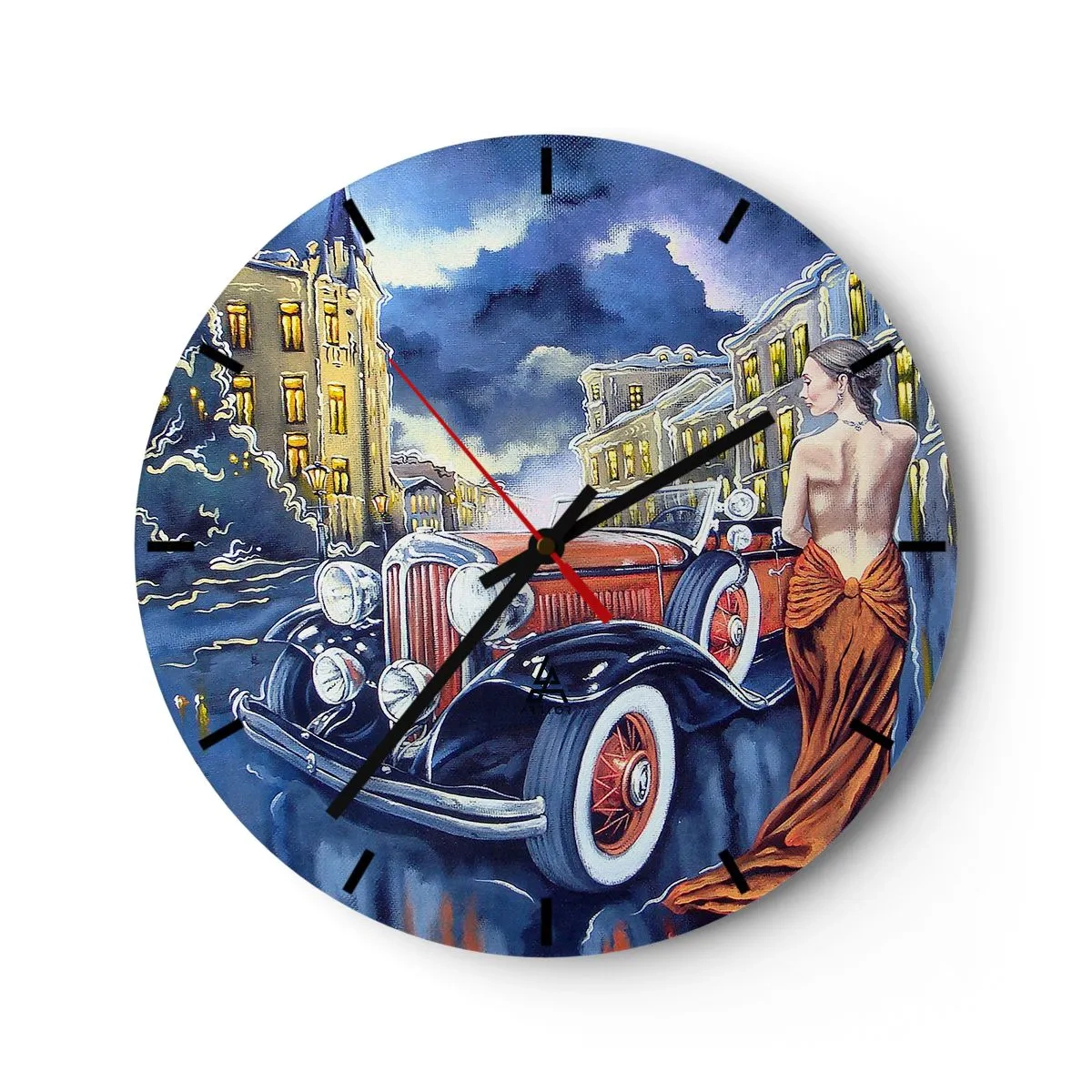 Ceas de perete - Ceas pe sticlă - O femeie într-o rochie portocalie lângă o mașină retro, cu un oraș în fundal. - 30x30cm - Nocturne în albastru și coral - Decorațiune modernă pentru perete pentru living, bucătărie și dormitor ARTTOR