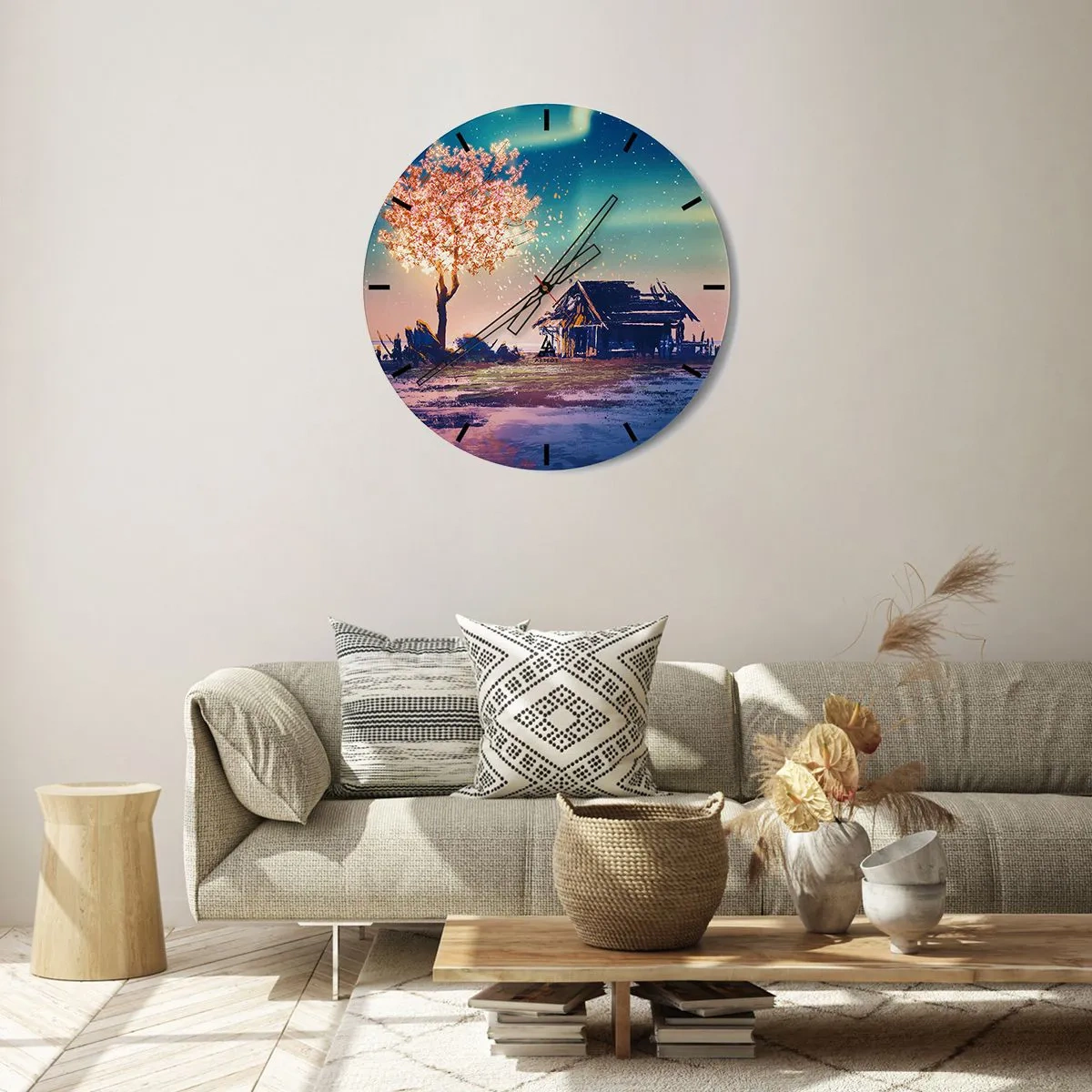 Ceas de perete - Ceas pe sticlă - Copac și căsuță la amurg - 30x30cm - Natura nu trece - Decorațiune modernă pentru perete pentru living, bucătărie și dormitor ARTTOR
