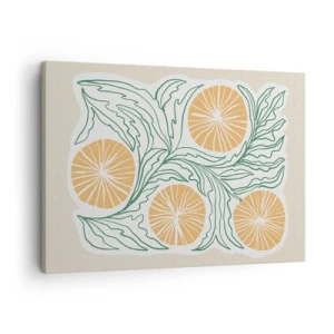 Tablou pe pânză Canvas - Un motiv minimalist portocaliu cu frunze verzi - 70x50cm - Etnic cu o notă de abstracție - Decorațiune modernă pentru perete pentru living și dormitor ARTTOR