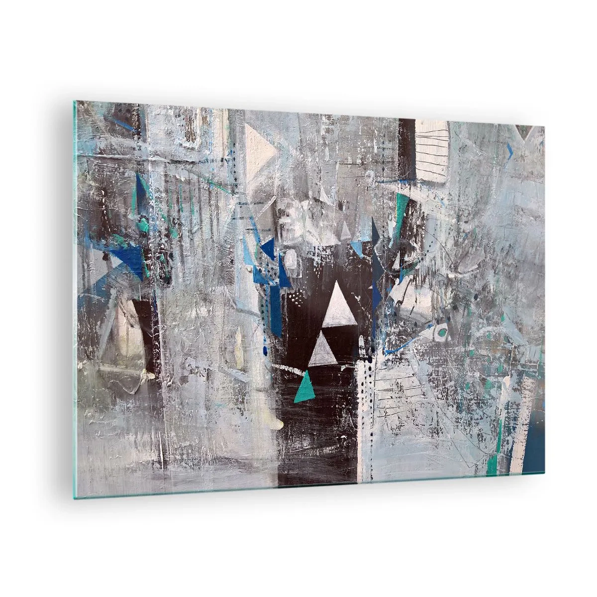 Tablou pe sticlă - Triunghiuri geometrice pe fundalul unei compoziții abstracte în nuanțe de gri. - 70x50cm - Ordinea superioară a triunghiurilor - Decorațiune modernă pentru perete pentru living și dormitor ARTTOR