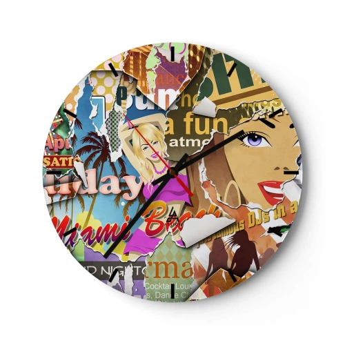Ceas de perete - Ceas pe sticlă - O compoziție colorată de postere în stil retro - 30x30cm - Flashback-uri de vacanță - Decorațiune modernă pentru perete pentru living, bucătărie și dormitor ARTTOR