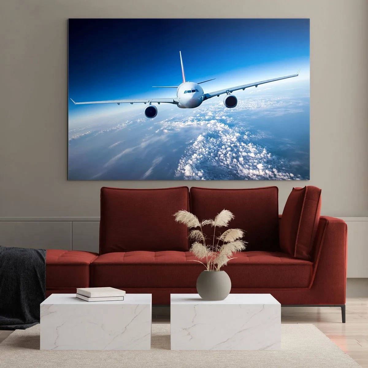 Tablou pe sticlă - Un avion de pasageri pe un cer albastru și nori - 70x50cm - Zbor pentru că vreau - Decorațiune modernă pentru perete pentru living și dormitor ARTTOR
